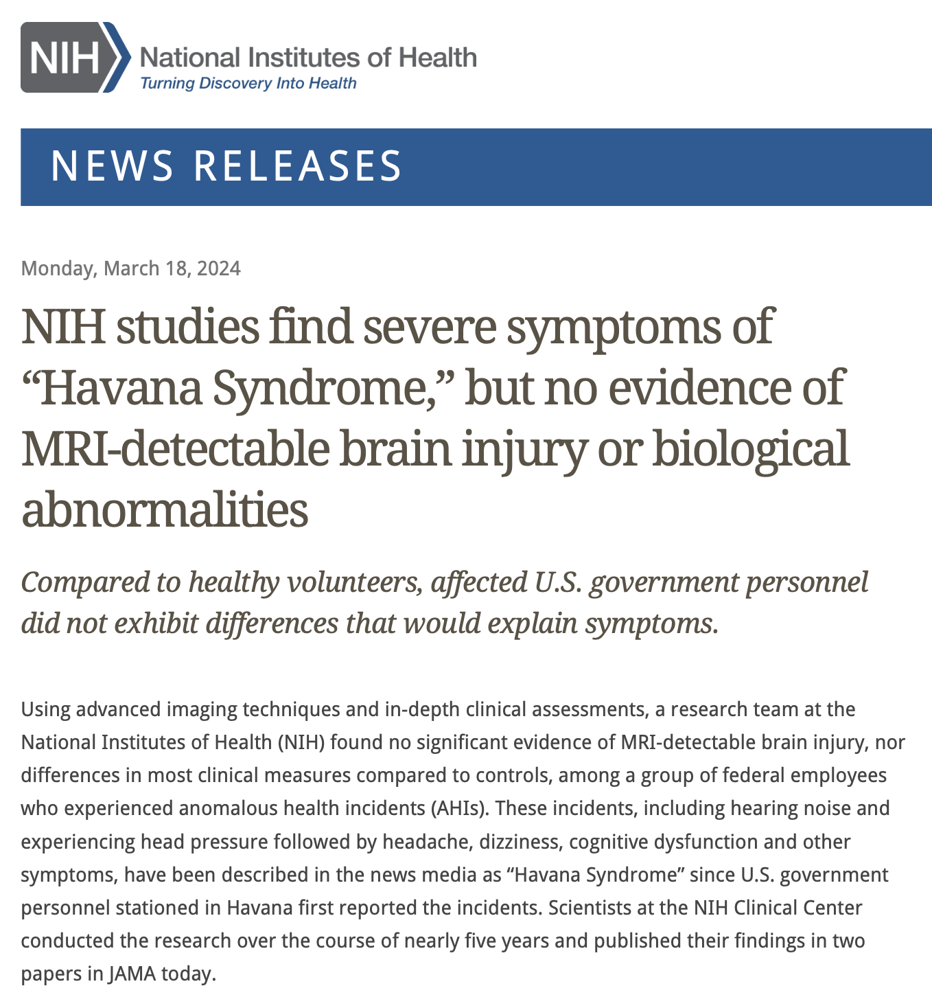 NIH Press Release on JAMA Papers on Havana Syndrome