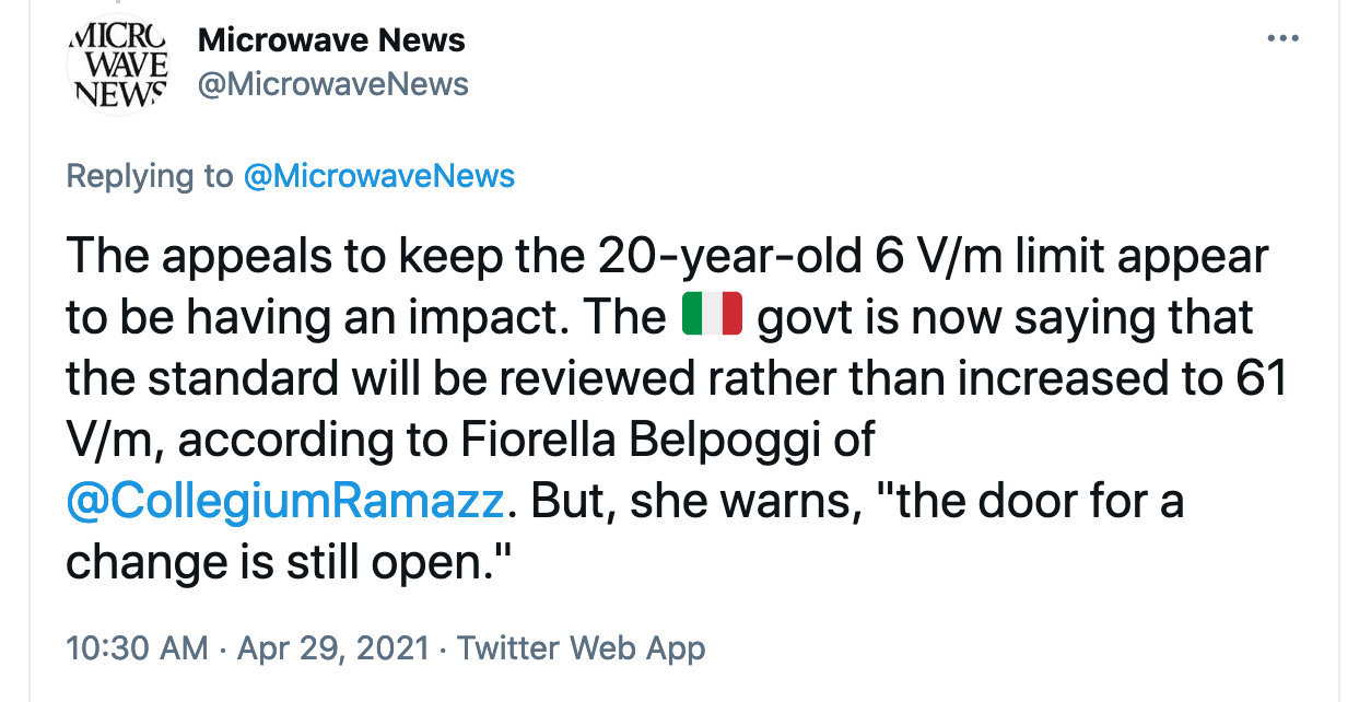 Microwave News Tweet on Italy 6 V/m Limit, Pt4