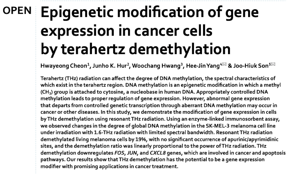 Epigenetic modification of gene expression in cancer cells by THz demethylation