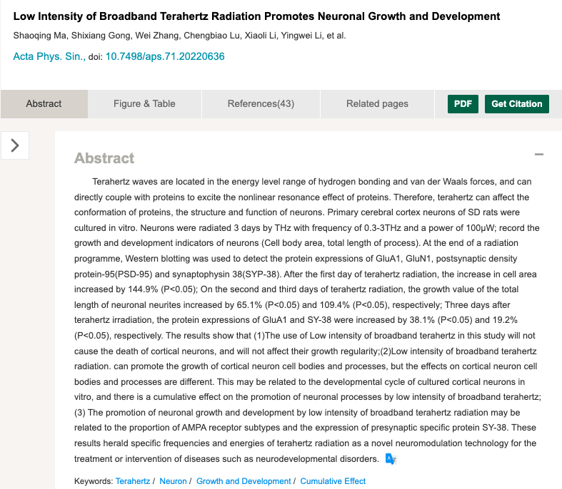 Low Intensity of Broadband Terahertz Radiation Promotes Neuronal Growth and Development