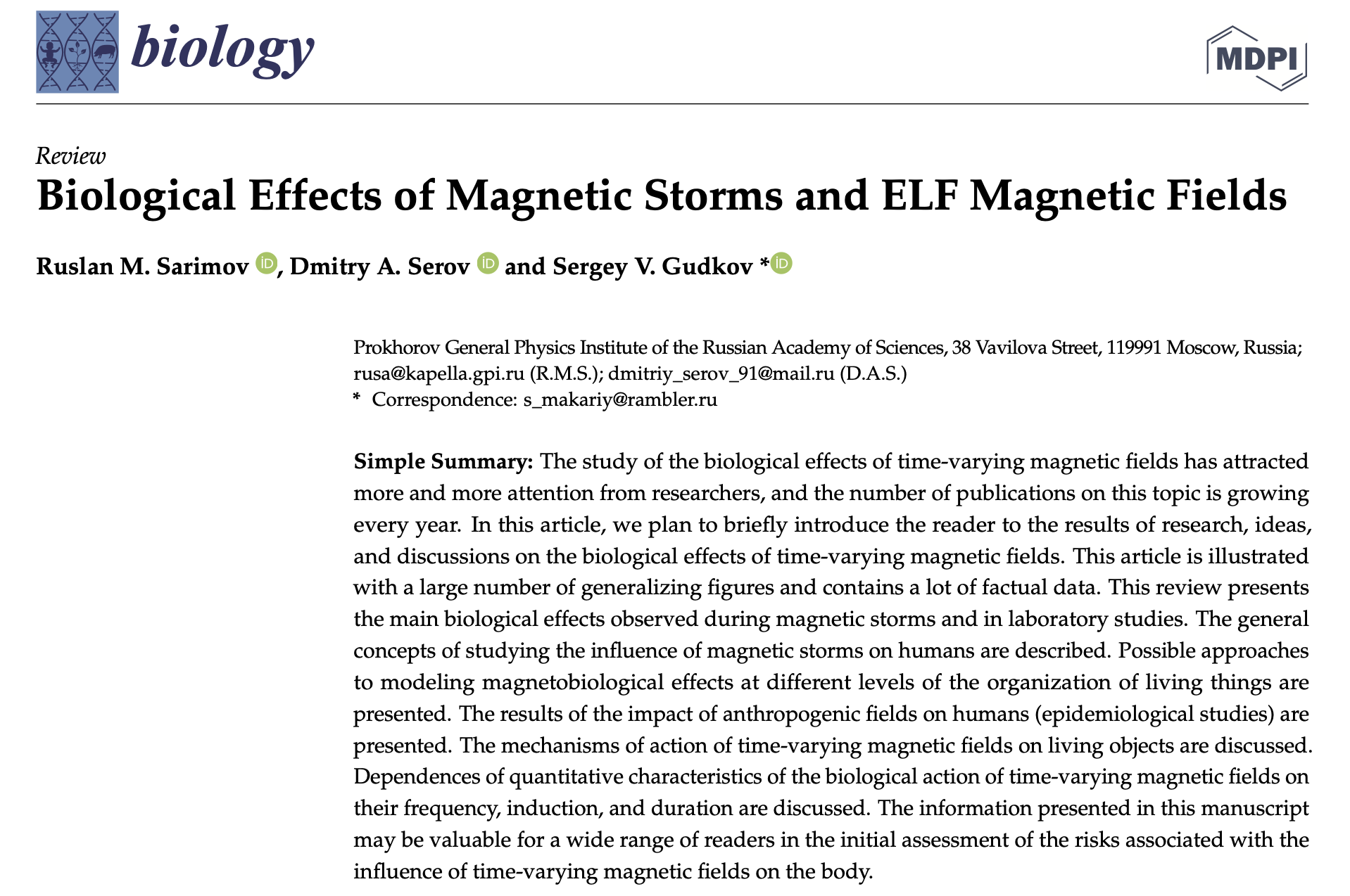 Biological Effects of Magnetic Storms and ELF Magnetic Fields