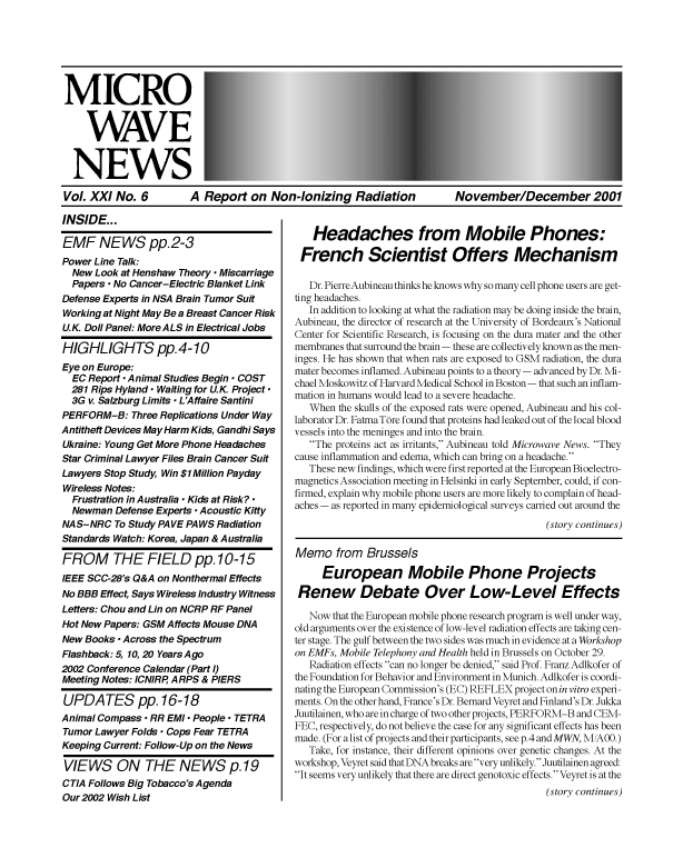 Microwave News November/December 2001 cover