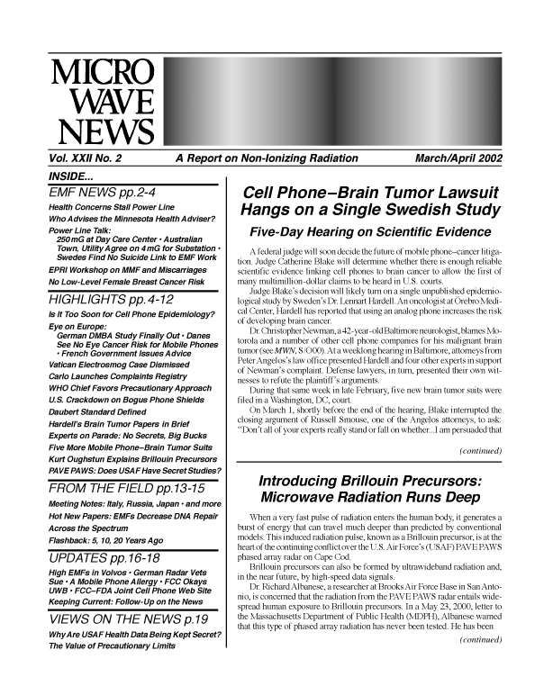 Microwave News March/April 2002 cover