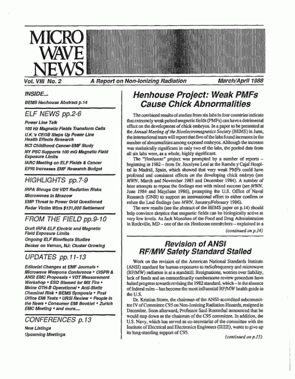 Microwave News March/April 1988 cover