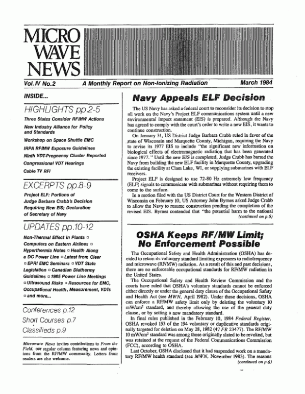 Microwave News March 1984 cover