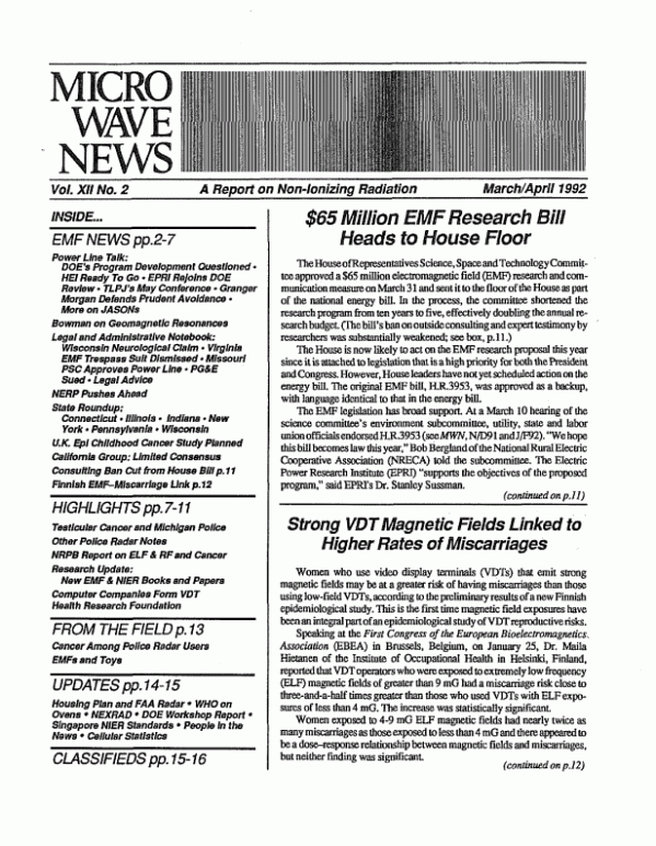 Microwave News March/April 1992 cover