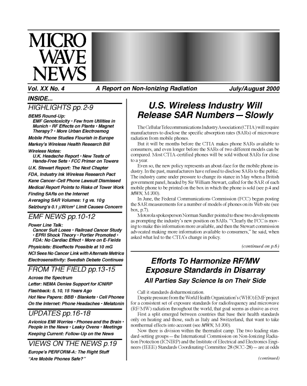 Microwave News July/August 2000 cover
