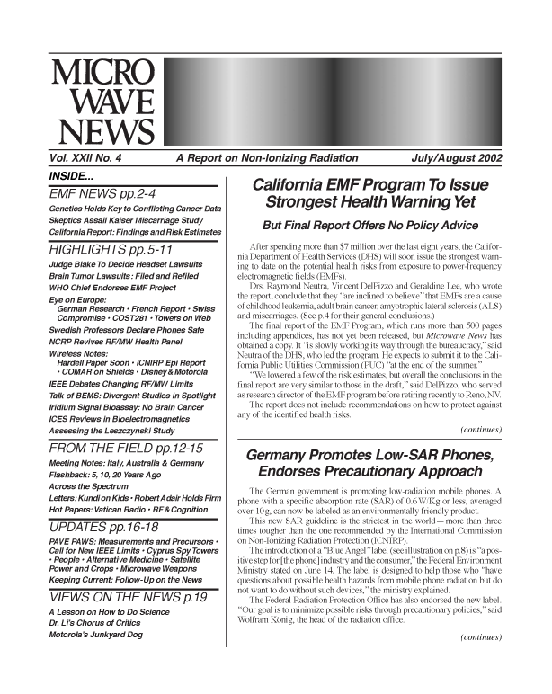 Microwave News July/August 2002 cover