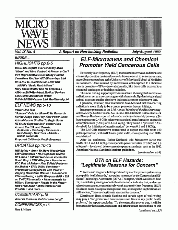 Microwave News July/August 1989 cover