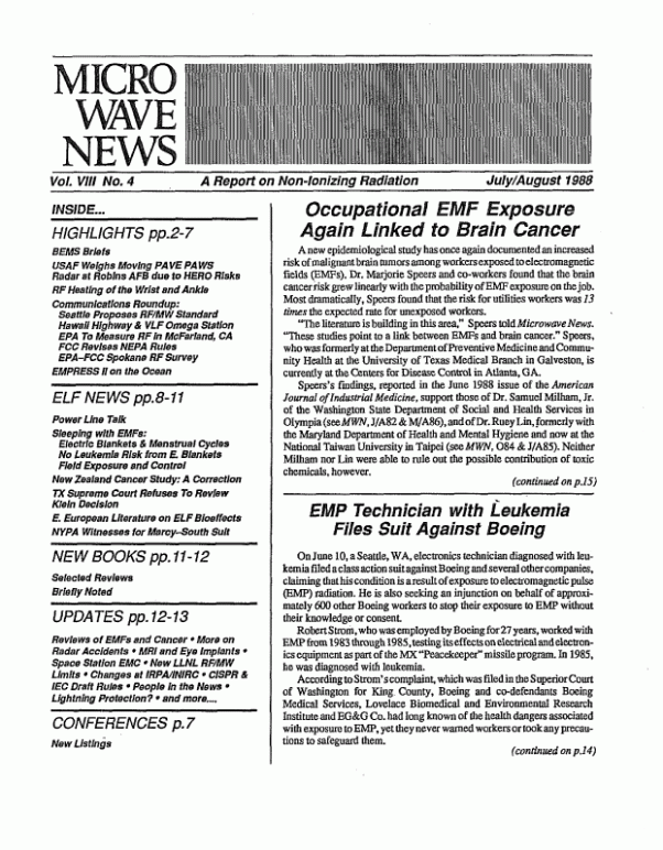 Microwave News July/August 1988 cover