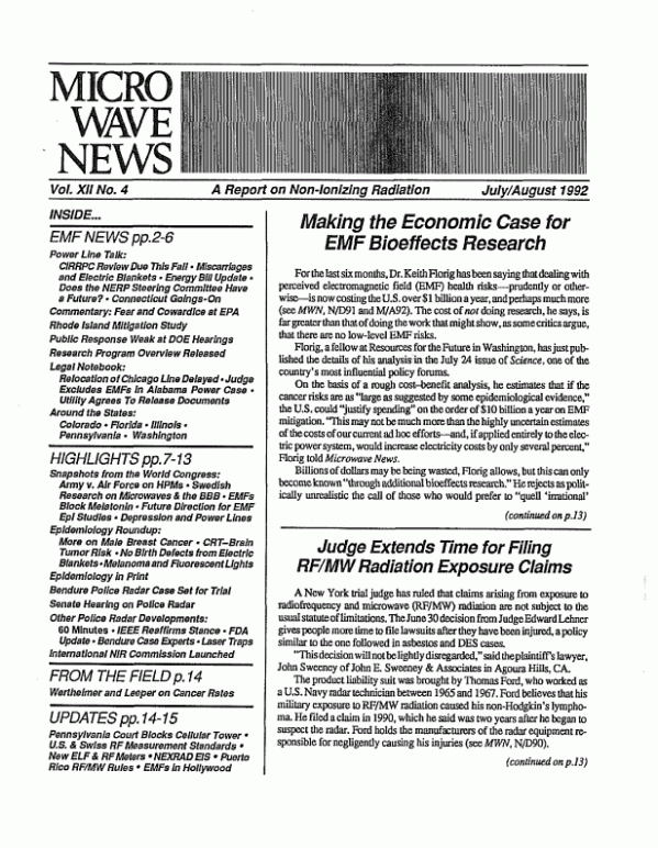 Microwave News July/August 1992 cover