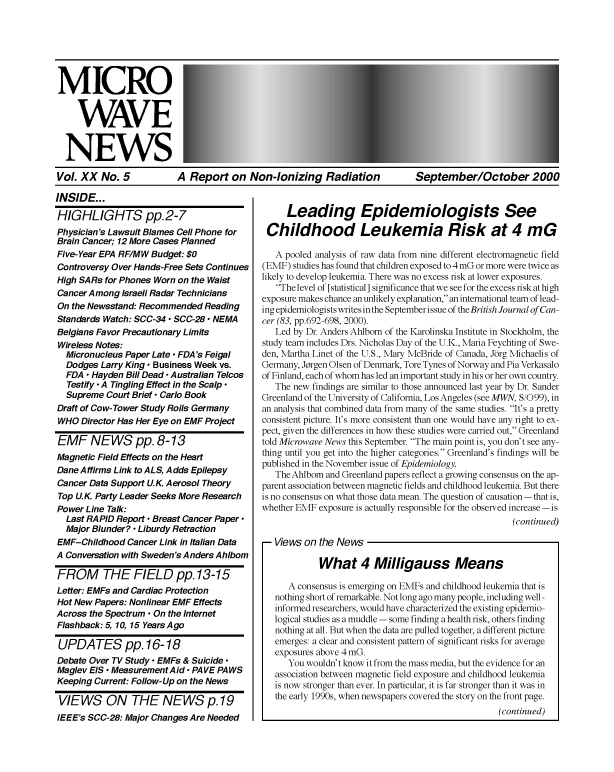 Microwave News September/October 2000 cover
