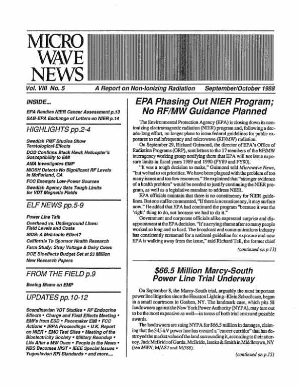 Microwave News September/October 1988 cover