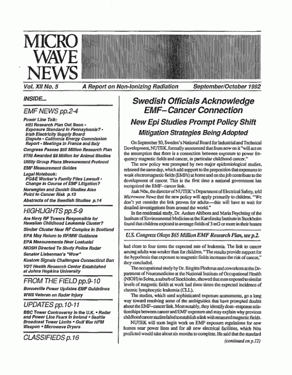 Microwave News September/October 1992 cover