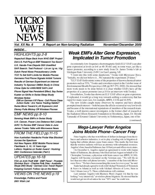 Microwave News November/December 2000 cover