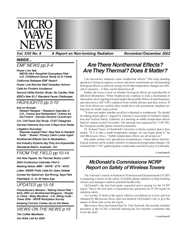 Microwave News November/December 2002 cover