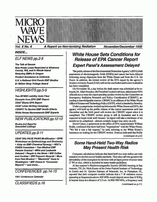 Microwave News November/December 1990 cover