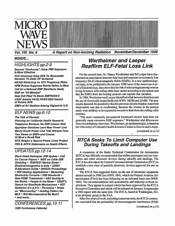 Microwave News November/December 1988 cover