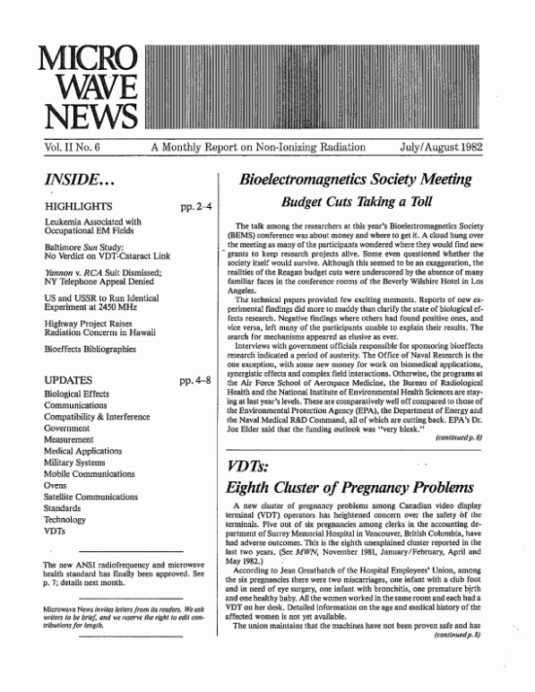 Microwave News July/August 1982 cover