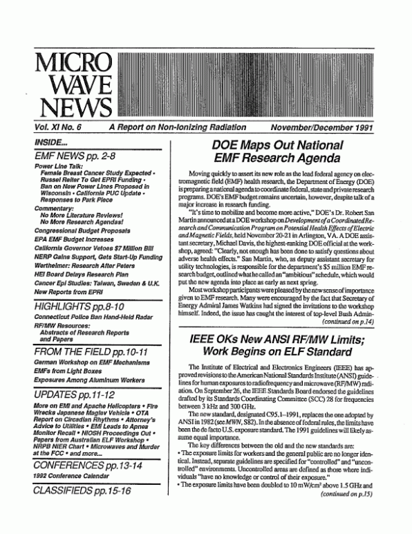 Microwave News November/December 1991 cover