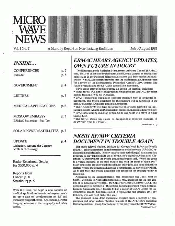 Microwave News July/August 1981 cover