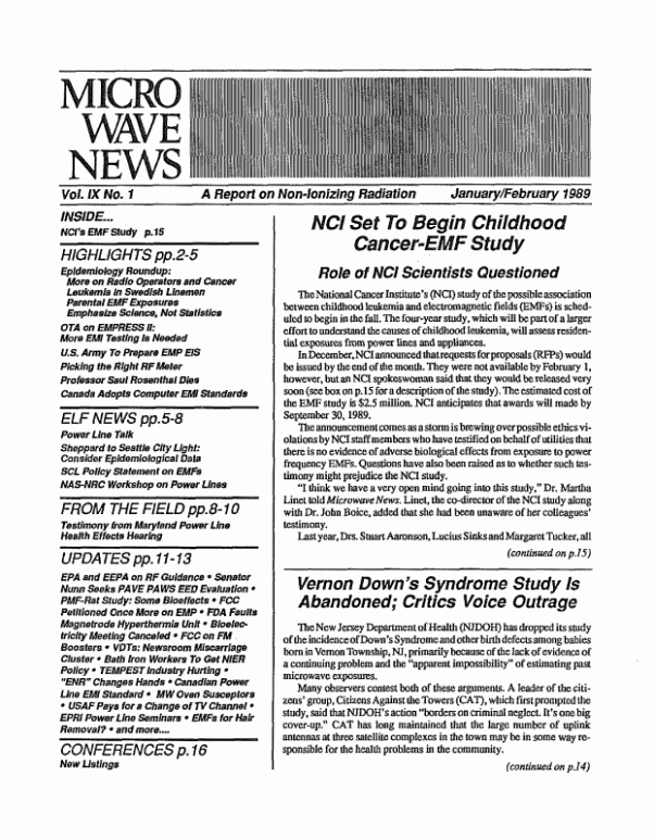 Microwave News January/February 1989 cover